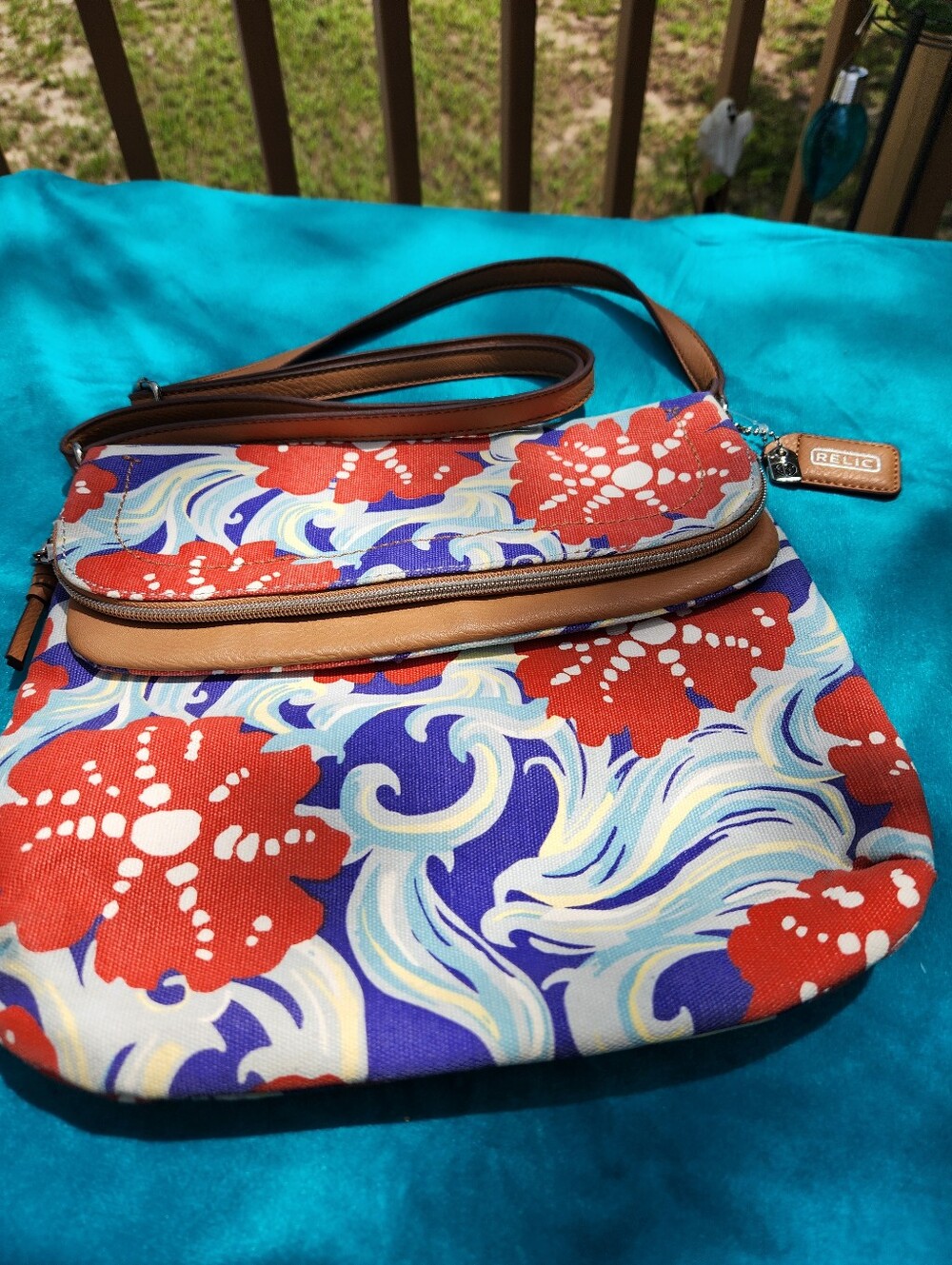 Relic Floral Flip Over Canvas Crossbody with Tan Trim